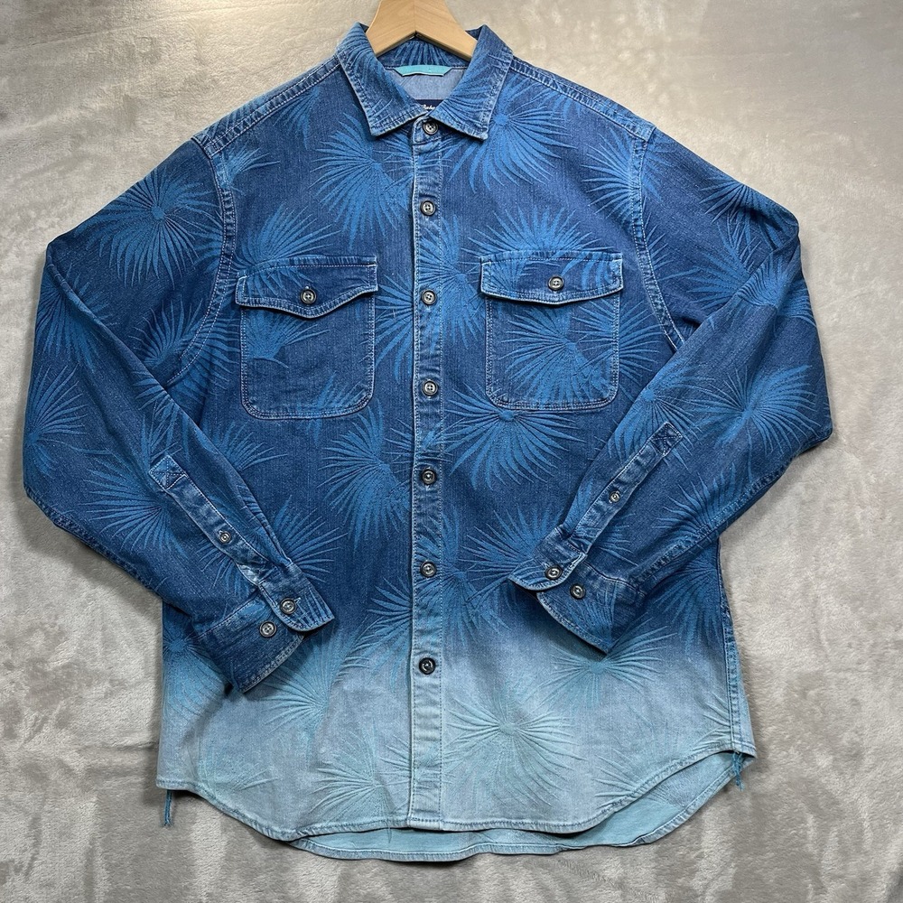 Tommy Bahama Men's Blue Ombre Palm Embroidered Denim Shirt Medium Long Sleeve